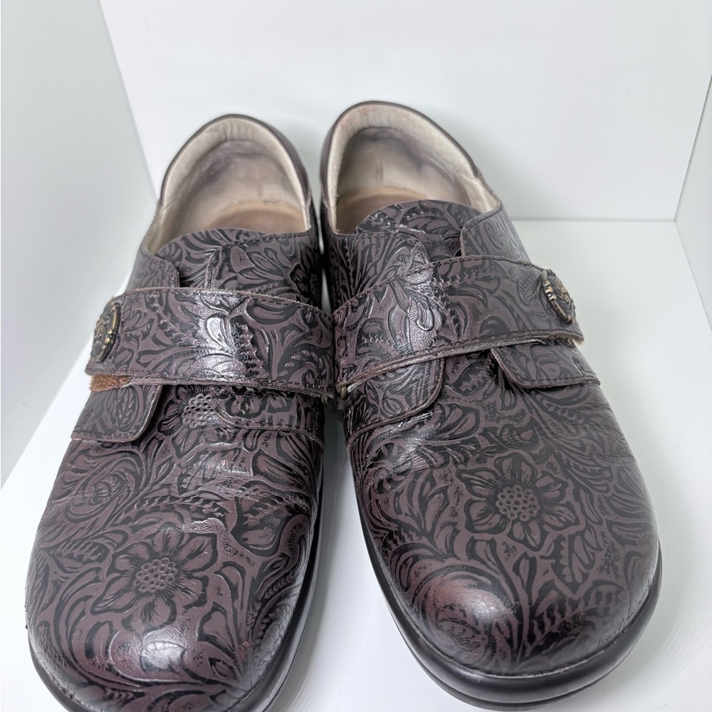 Alegria Women's leather Floral Embossed Mules - Dark Brown
